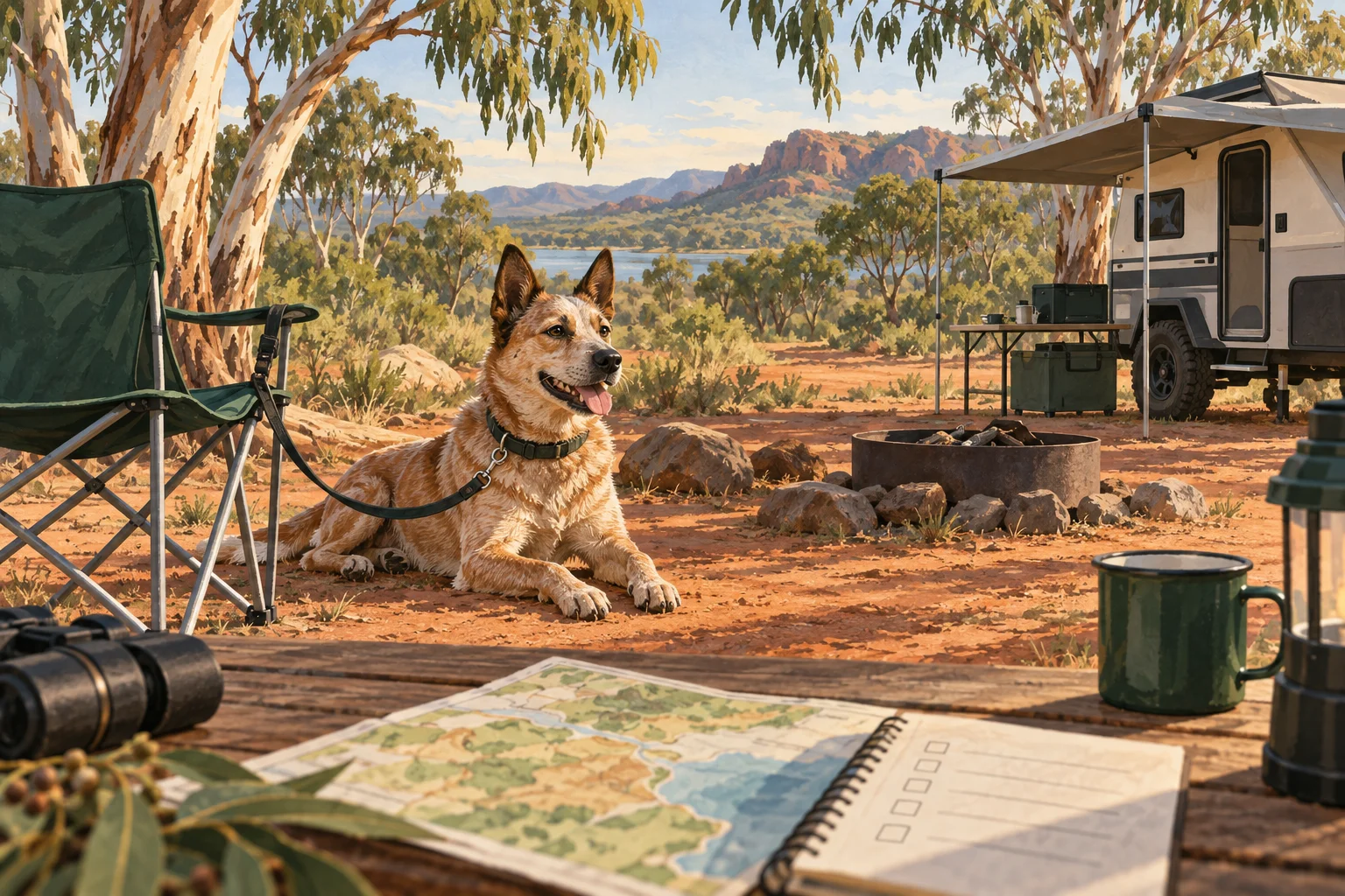 Illustration of a leashed cattle dog beside a camper in an imagined eucalyptus campsite